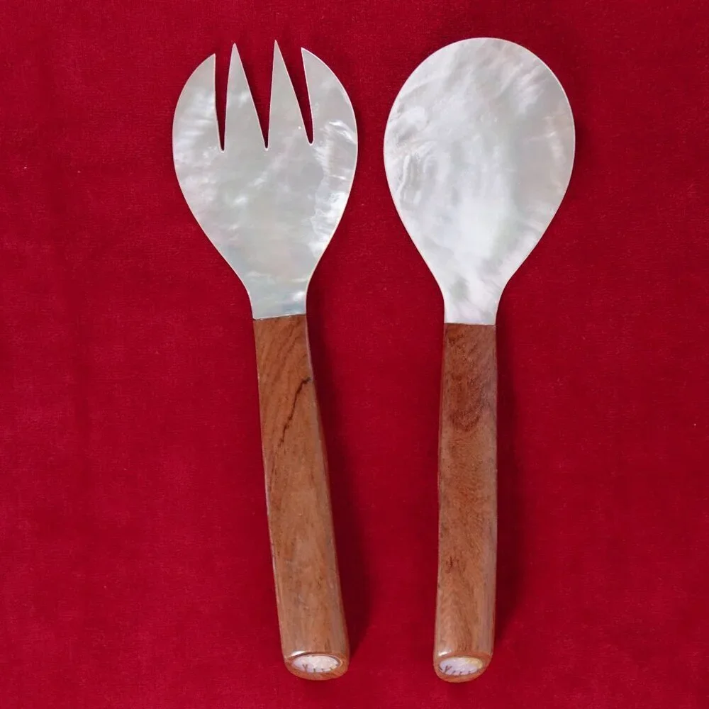 Salad Server Fork Spoon Tongs Natural Iridescent Capiz Mother of Pearl Seashell